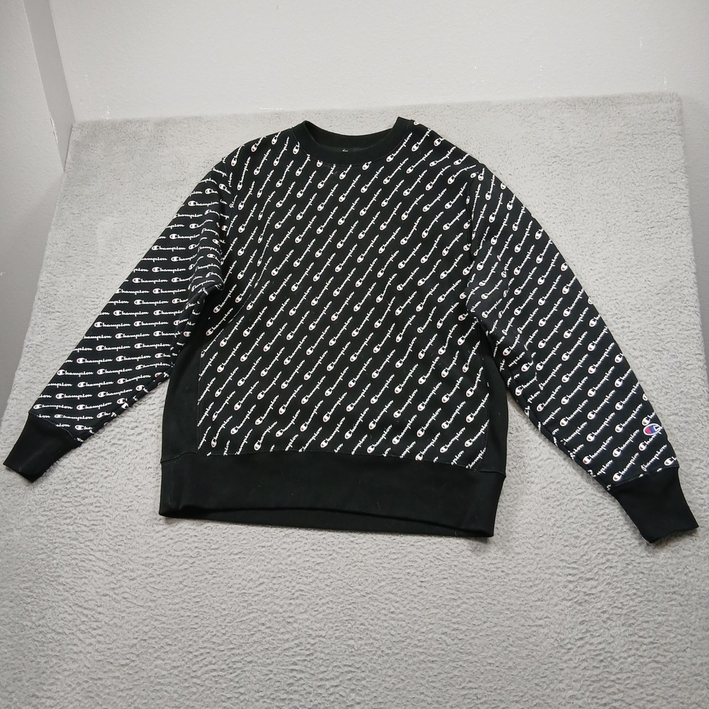 Champion All Over Logo Crewneck Sweatshirt Mens XL Black‎ Streetwear